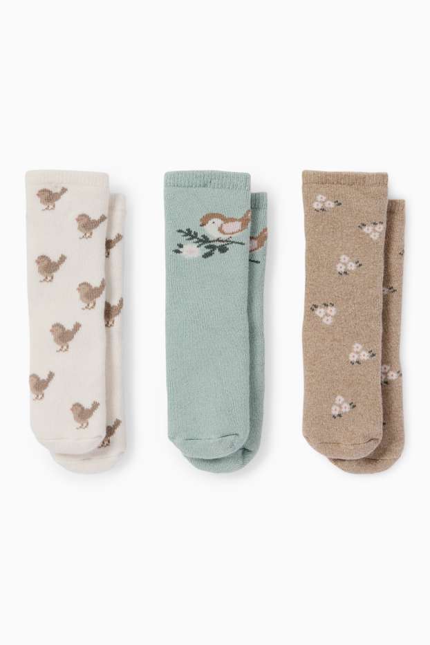 Bebeluși - fete - Multipack 3 perechi - pasăre și floricele - șosete antialunecare bebeluși - alb-crem