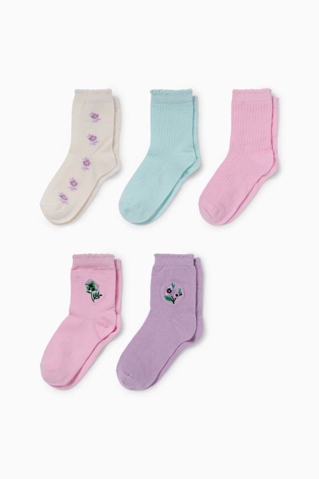 Copii - Fete - Multipack 5 perechi - flori - șosete cu motive - violet deschis