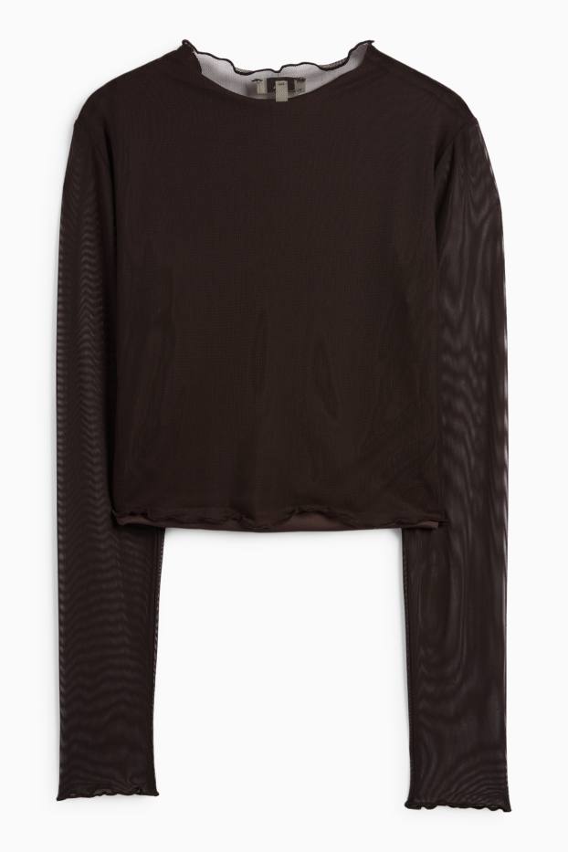 Femei - Tricou cu mânecă lungă crop - slim fit - plasă - negru