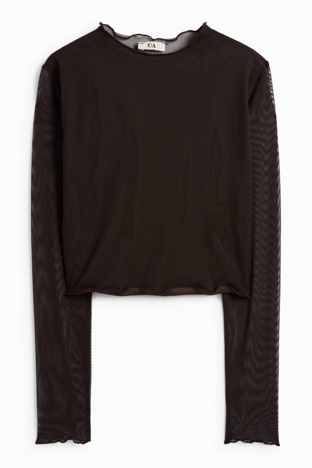 Femei - Tricou cu mânecă lungă crop - slim fit - plasă - negru