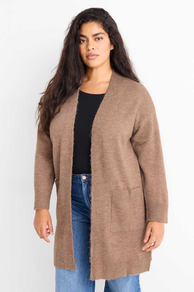 Femei - Cardigan tricotat lung - maro deschis