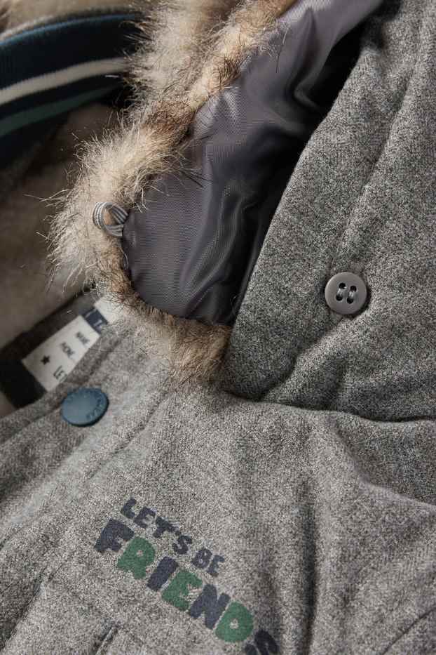 Bebeluși - băieți - Vulpe - parka bebeluși, cu glugă și aplicații din blană artificială - taupe
