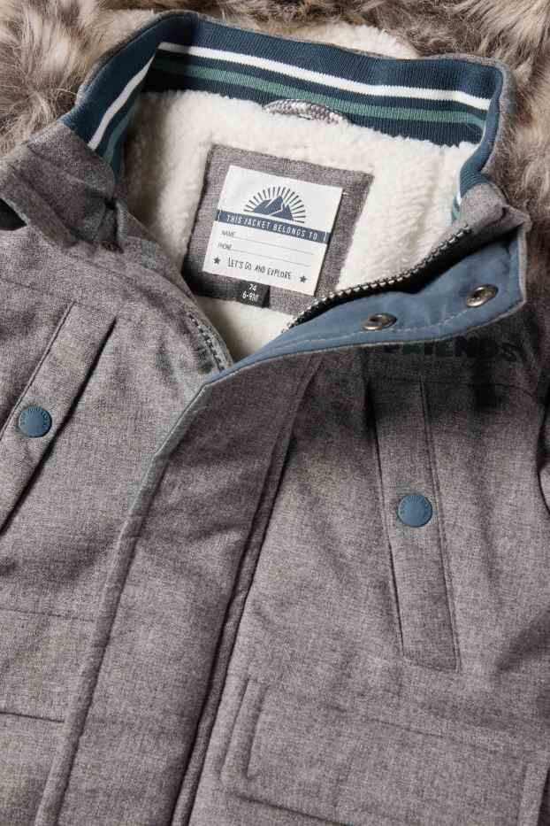 Bebeluși - băieți - Vulpe - parka bebeluși, cu glugă și aplicații din blană artificială - taupe