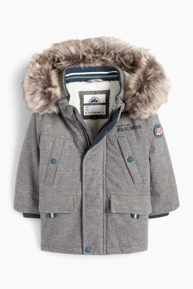 Bebeluși - băieți - Vulpe - parka bebeluși, cu glugă și aplicații din blană artificială - taupe