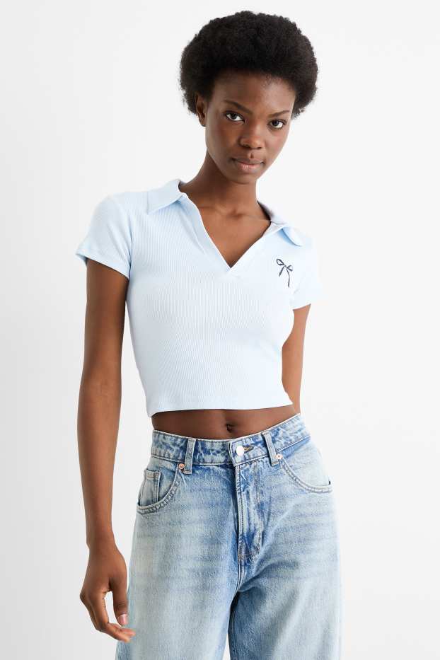 Femei - Tricou polo crop - slim fit - reiat - albastru deschis