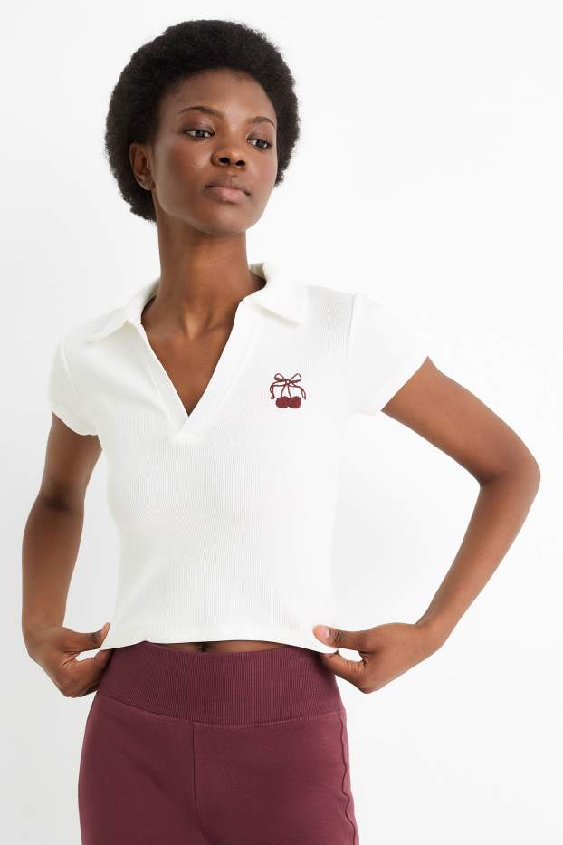 Femei - Tricou polo crop - slim fit - reiat - alb
