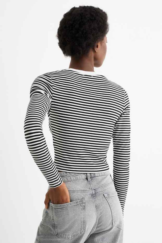Dames - Korte longsleeve - geribd - met strepen - zwart / wit