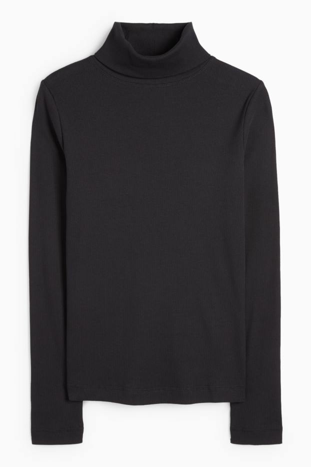 Damen - Rollkragenshirt - gerippt - schwarz