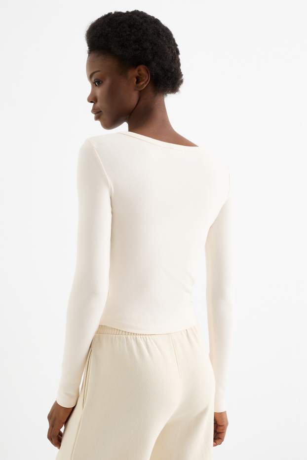 Damen - Crop Henley-Shirt - Slim Fit - cremeweiss