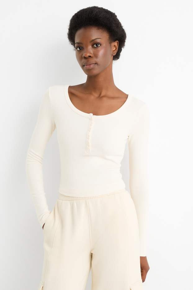 Damen - Crop Henley-Shirt - Slim Fit - cremeweiss