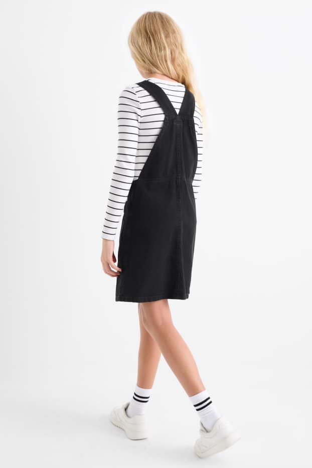 Copii - Fete - Set - tricou cu mânecă lungă și rochie-salopetă din denim - 2 piese - negru / alb