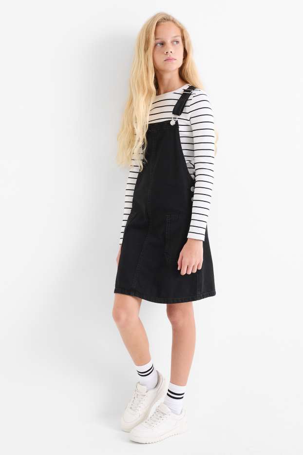 Copii - Fete - Set - tricou cu mânecă lungă și rochie-salopetă din denim - 2 piese - negru / alb