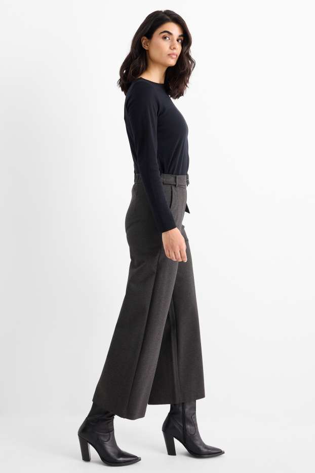 Women - Jersey trousers with belt - high-rise waist - wide leg - dark gray