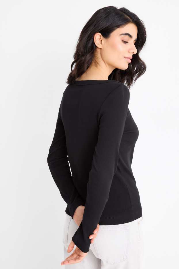 Dames - Longsleeve - slim fit - geribd - zwart