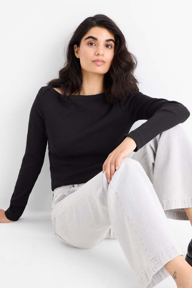 Dames - Longsleeve - slim fit - geribd - zwart