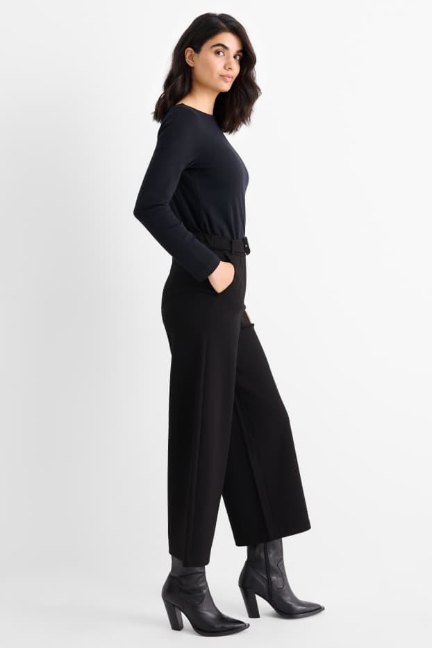 Femei - Pantaloni din jerseu cu curea - talie înaltă - wide leg - negru