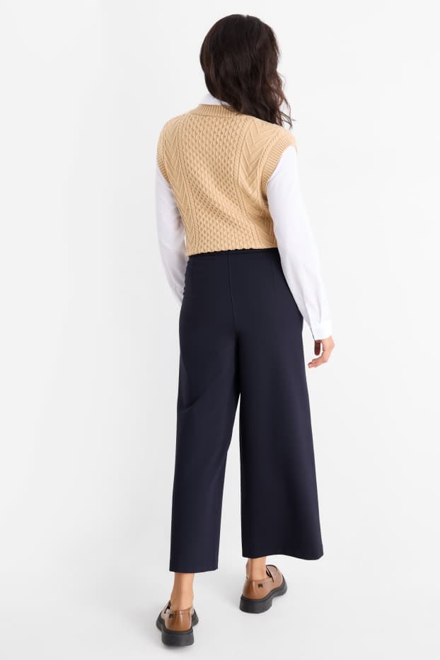 Femei - Pantaloni din jerseu cu curea - talie înaltă - wide leg - albastru închis