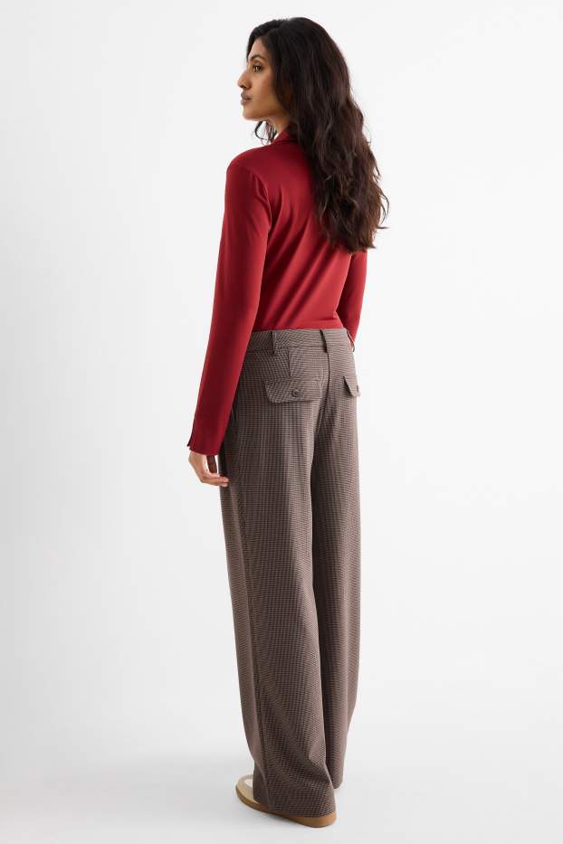Femei - Pantaloni de stofă - talie medie - wide leg - în carouri - maro