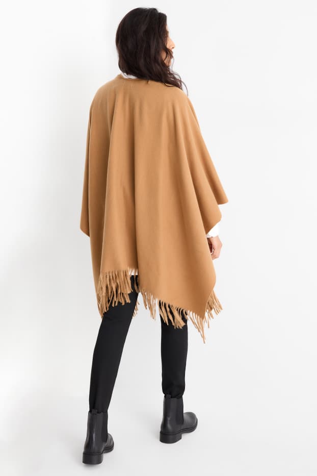 Femei - Poncho cu franjuri - maro deschis