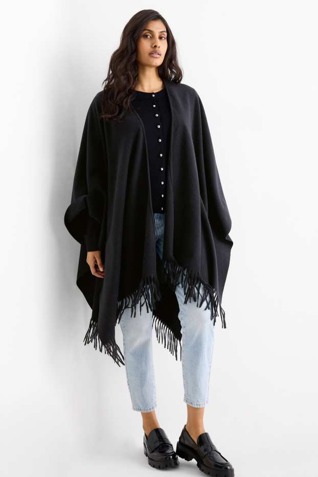 Dámské - Pončo s třásněmi - černá