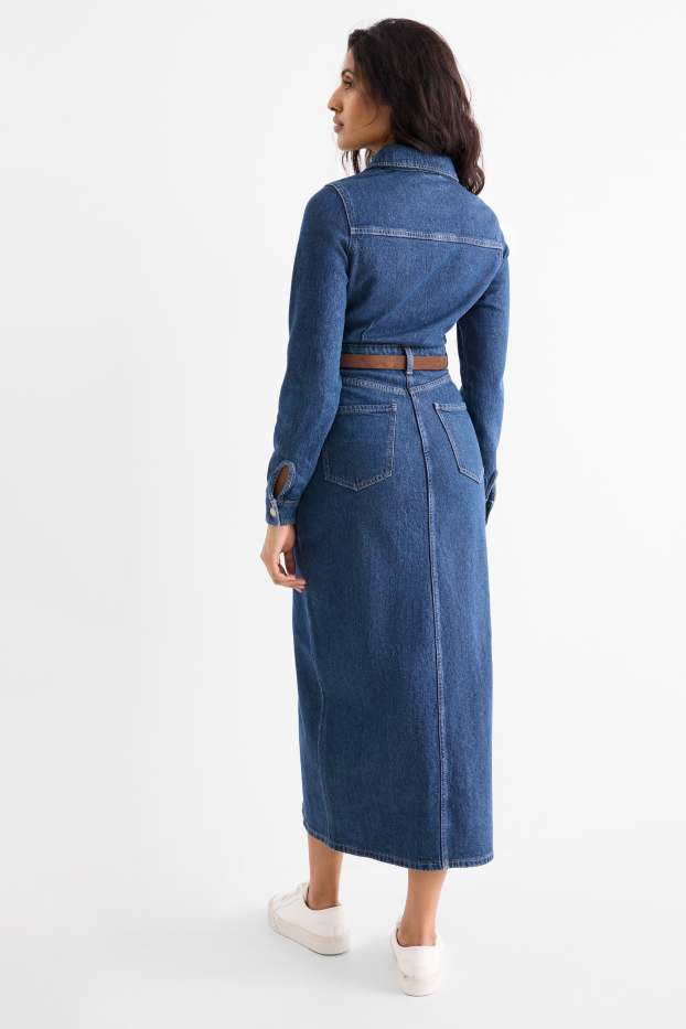 Femei - Rochie tip bluză din denim cu curea - denim-albastru
