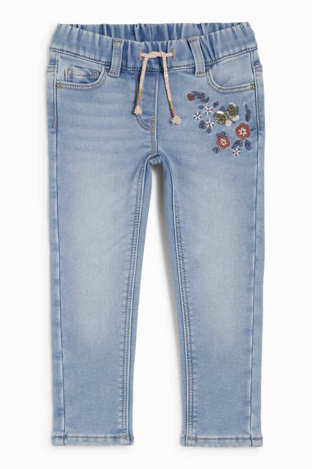 Copii - Fete - Floare - skinny jeans - jeans termoizolanți - denim-albastru deschis