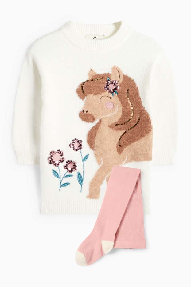 Copii - Fete - Cal - set - rochie din tricot și dresuri - 2 piese - alb
