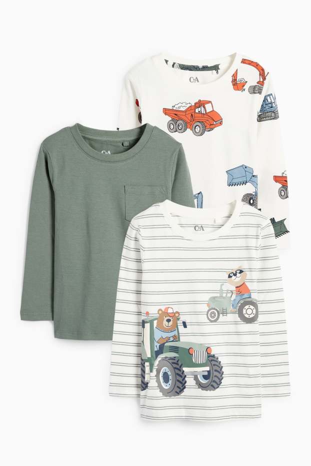 Copii - Băieți - Multipack 3 buc. - urs și șantier - tricou cu mânecă lungă - alb-crem