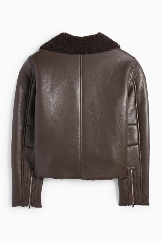 Femei - Geacă din piele shearling sintetică - imitație de piele - maro închis