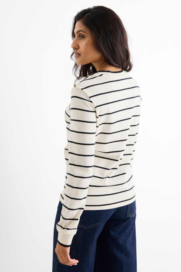 Femei - Pulover din tricot fin - cu dungi - alb-crem