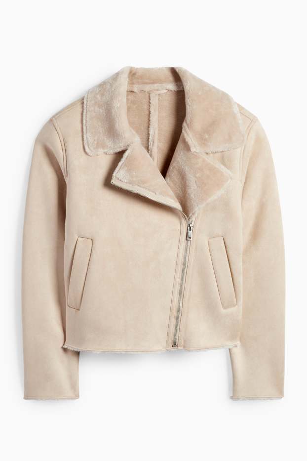 Femei - Geacă din piele shearling sintetică - imitație de piele întoarsă - bej deschis