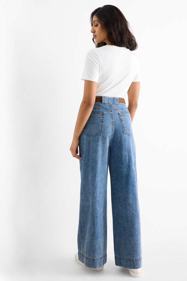 Femei - Wide leg jeans cu curea - talie medie - denim-albastru deschis