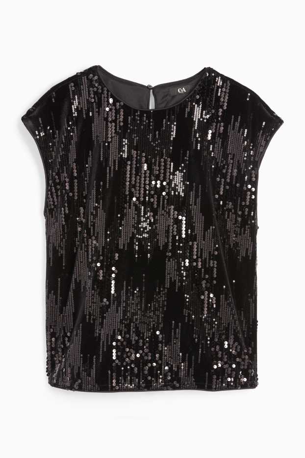 Femei - Tricou din catifea cu paiete - regular fit - negru