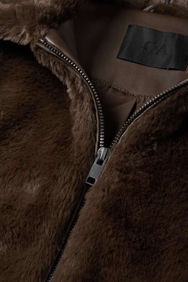 Women - Faux fur jacket - dark brown