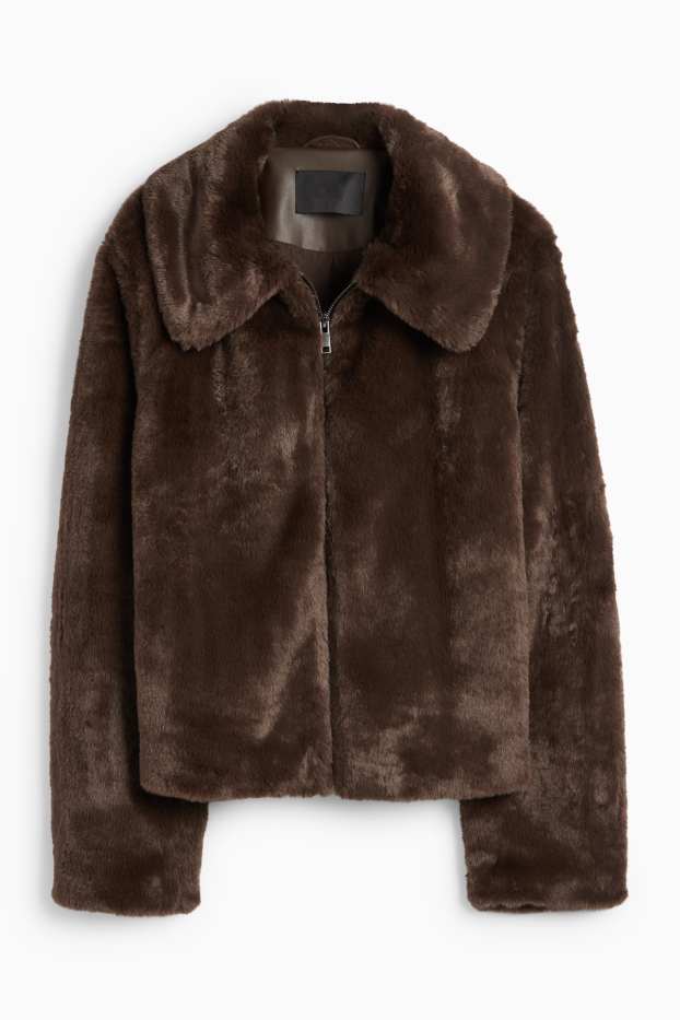 Women - Faux fur jacket - dark brown