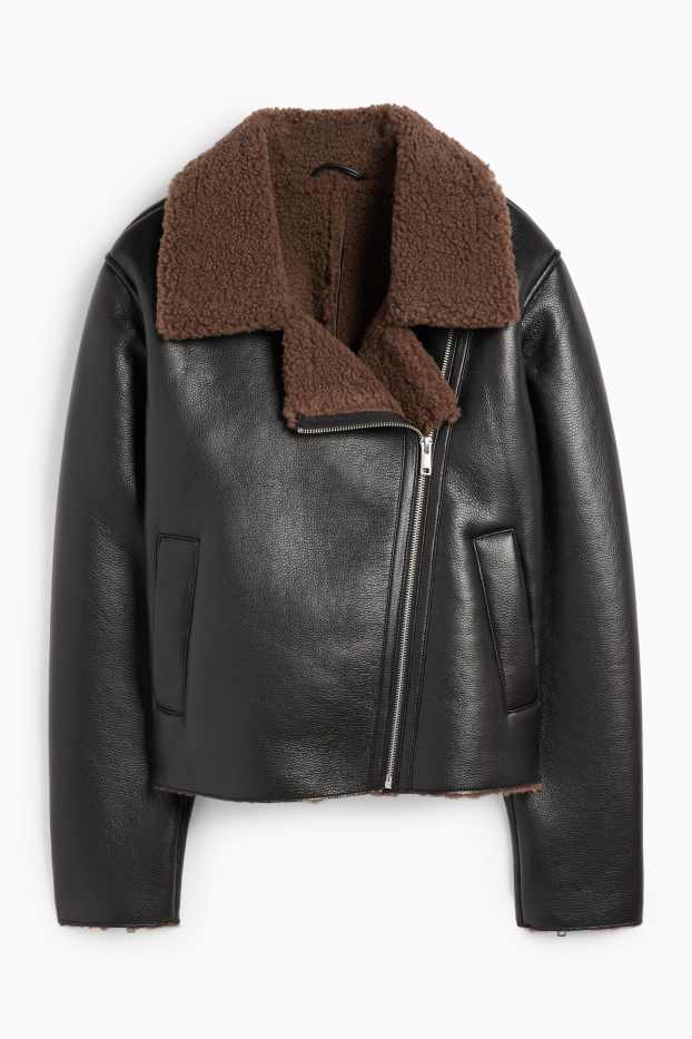 Femei - Geacă din piele shearling sintetică - imitație de piele - negru