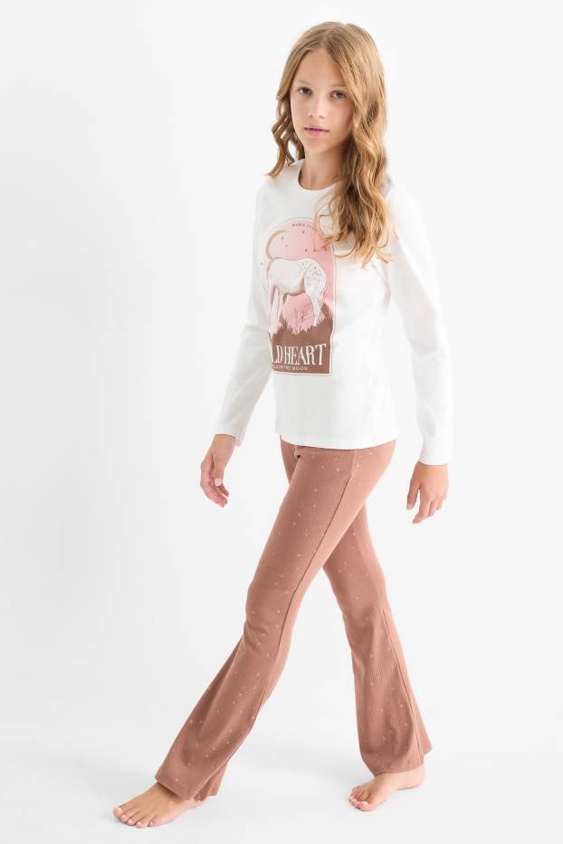 Copii - Fete - Cal - pijama - 2 piese - maro / alb-crem