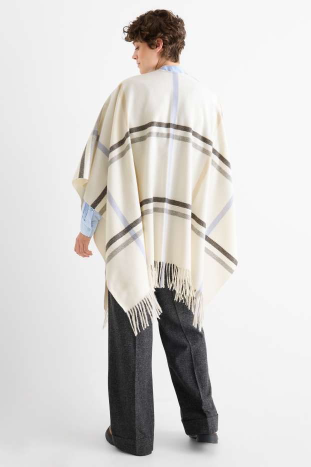 Femei - Poncho cu franjuri - în carouri - alb-crem