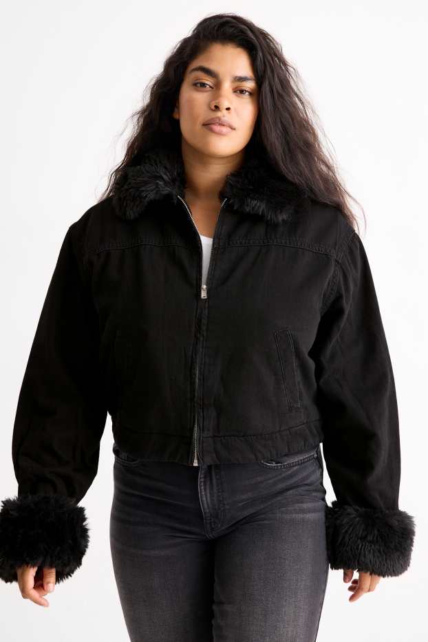 Femei - Jachetă din denim cu aplicații din blană artificială - căptușită - negru