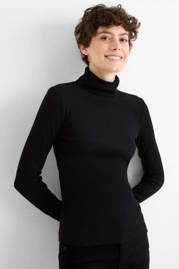 Damen - Rollkragenshirt - gerippt - schwarz