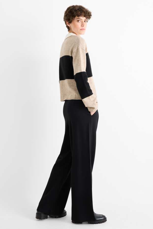 Femei - Pantaloni din jerseu cu curea - talie înaltă - wide leg - negru