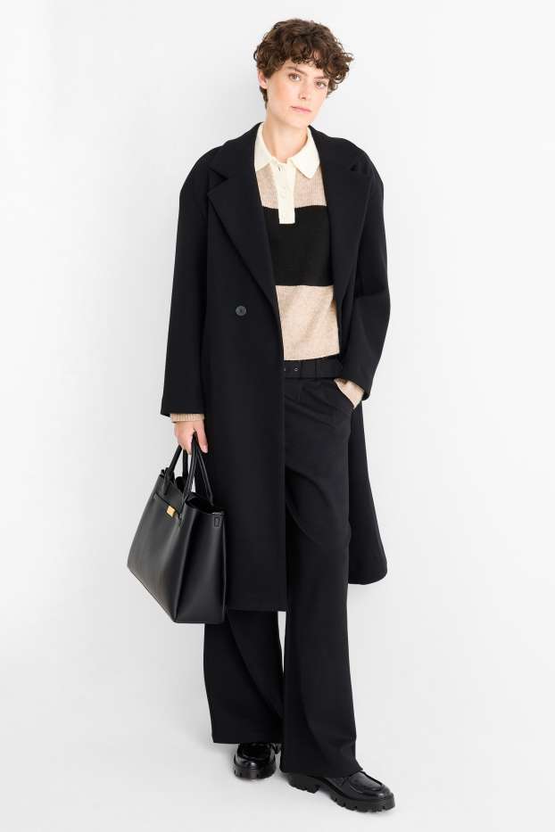 Femei - Pantaloni din jerseu cu curea - talie înaltă - wide leg - negru