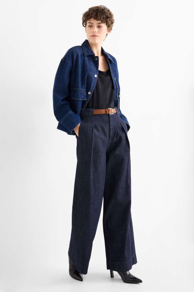 Femei - Wide leg jeans cu curea - talie medie - denim-albastru închis