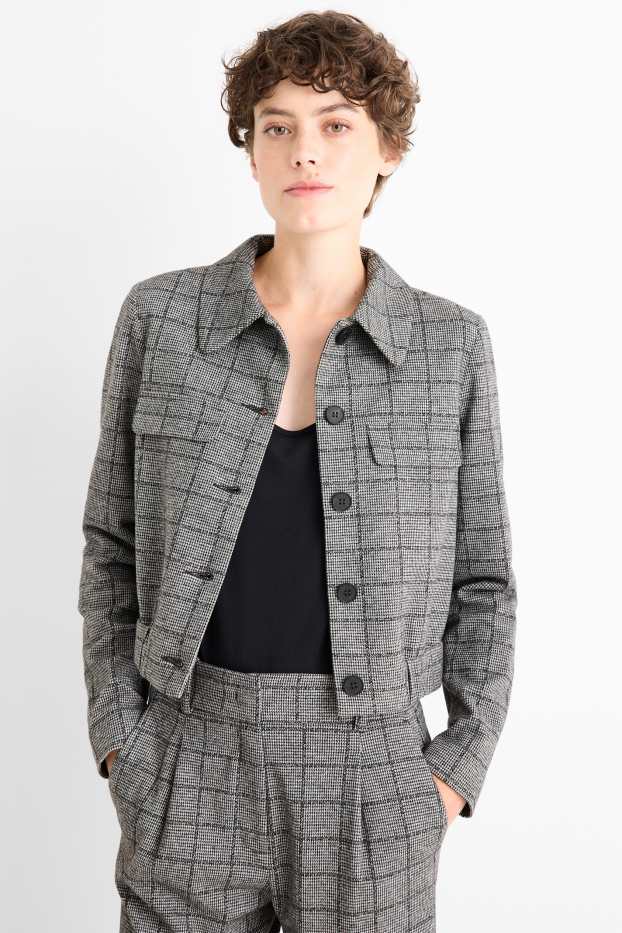 Femei - Blazer crop - în carouri - gri