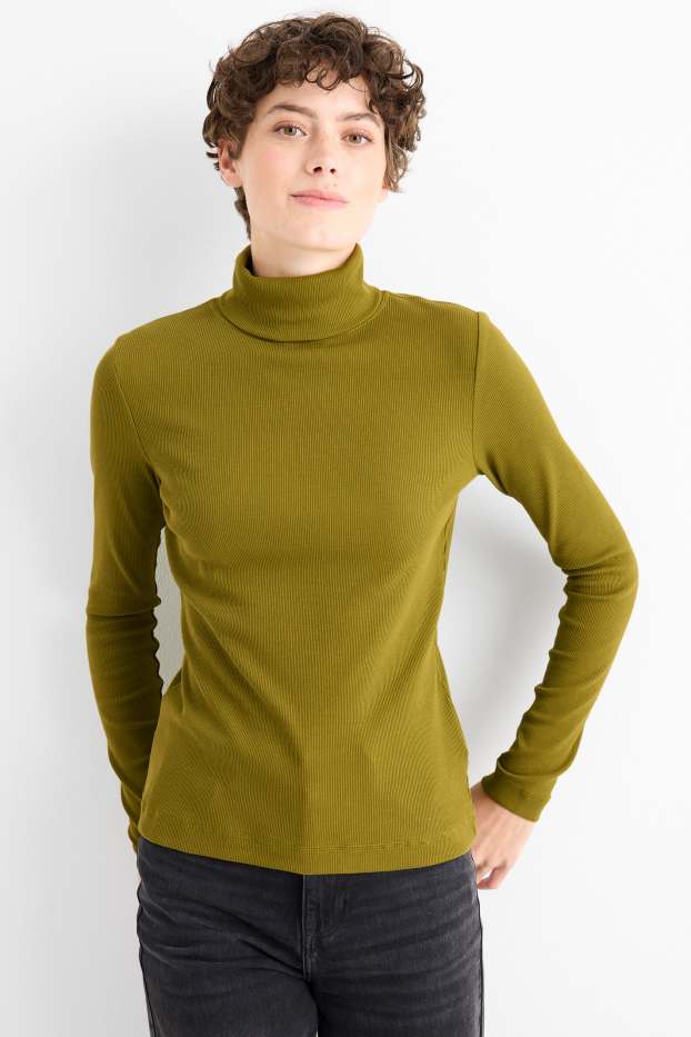 Damen - Rollkragenshirt - gerippt - dunkelgrün