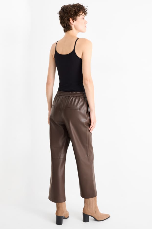 Women - Trousers - mid-rise waist - straight fit - faux leather - dark brown