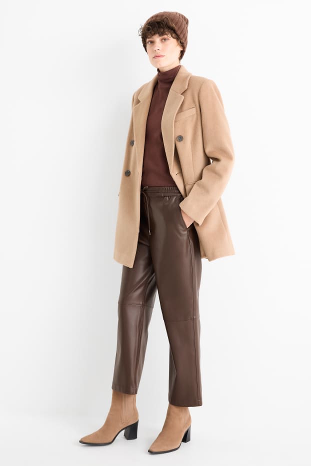 Women - Trousers - mid-rise waist - straight fit - faux leather - dark brown