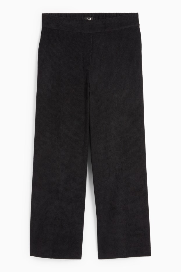 Femei - Pantaloni din catifea reiată - talie medie - wide leg - negru