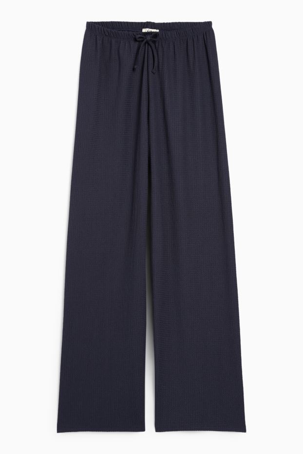 Women - Jersey trousers - mid-rise waist - wide leg - textured - dark blue
