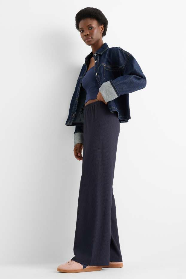 Women - Jersey trousers - mid-rise waist - wide leg - textured - dark blue